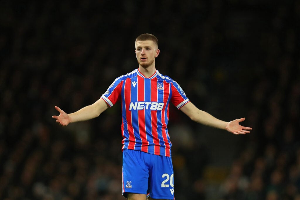 gettyimages-2250675856-1024x683-3 Adam Wharton spreads his arms during Crystal Palace's Premier League match against Fulham at Selhurst Park.