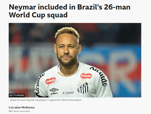 Portal de notícias britânico BBC repercute a convocação de Neymar para a Copa do Mundo • Reprodução/BBC
