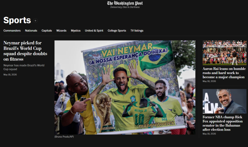 Jornal americano The Washington Post repercute a convocação de Neymar para a Seleção Brasileira • Reprodução/Washington Post