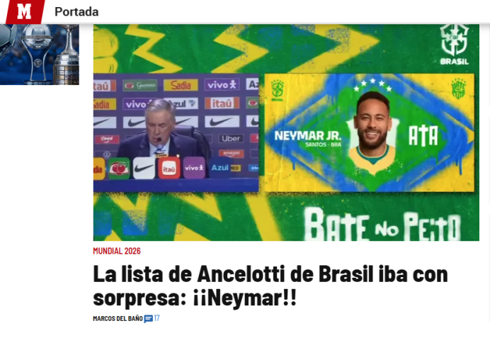 Jornal espanhol Marca repercute a convocação de Neymar para a Copa do Mundo • Reprodução/Marca