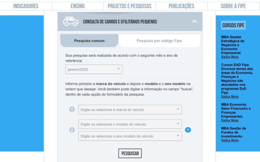 tabela-fipe Veículos podem ter o preço consultado por meio da Tabela Fipe • Fipe/Reprodução